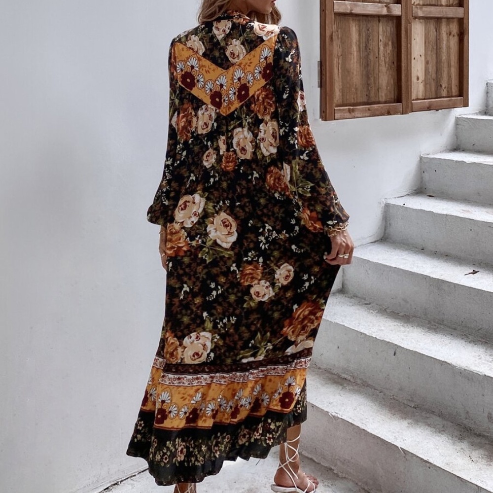 boho floral print button down long sleeve dress - Picture 6 of 7